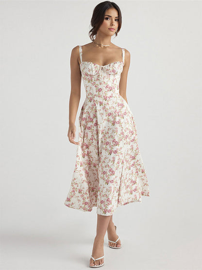 Floral Dress Midi Dress Dresses Floral Print High-slit Straps Neck Sleeveless Cottagecore Summer