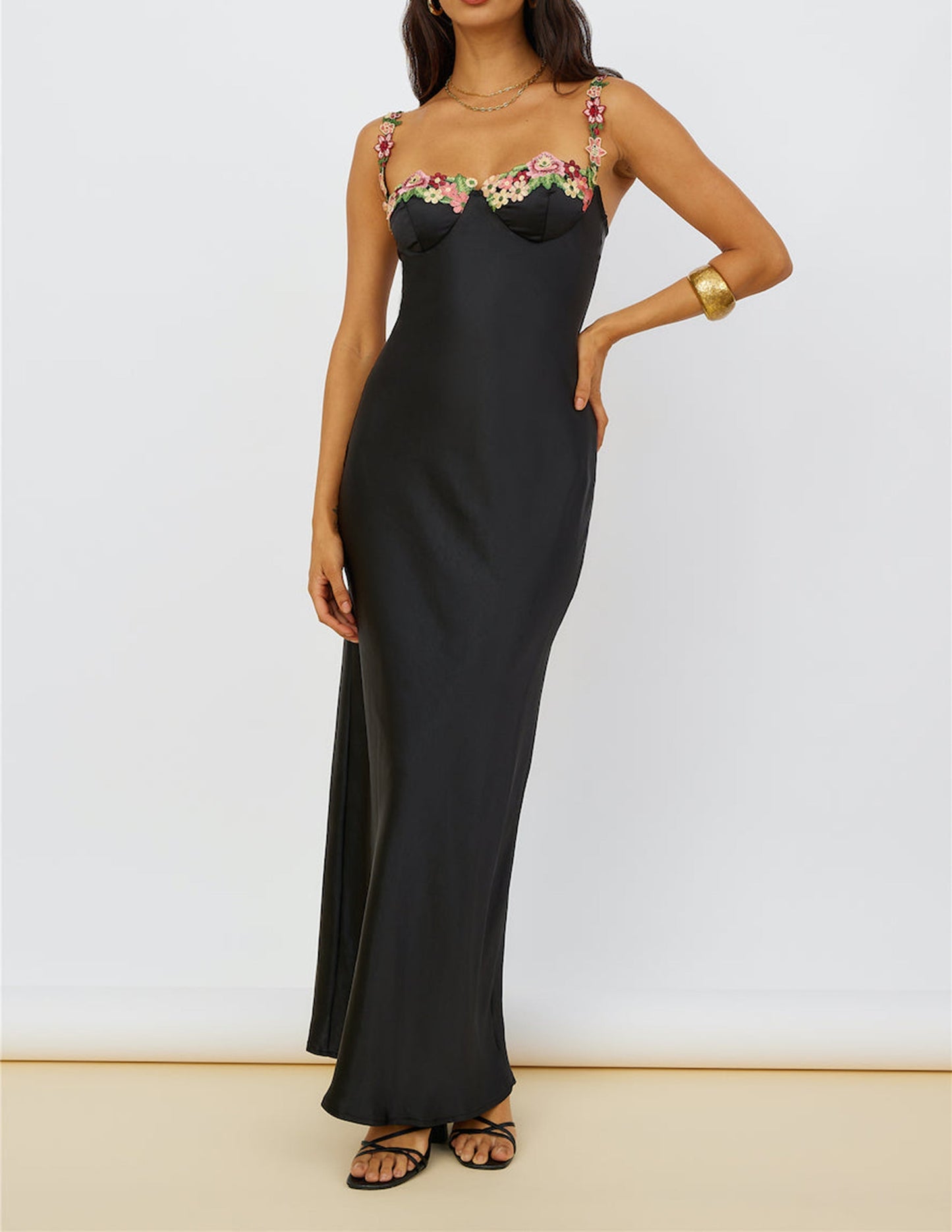 Juliette - Floral Embroidery Black Maxi Dress