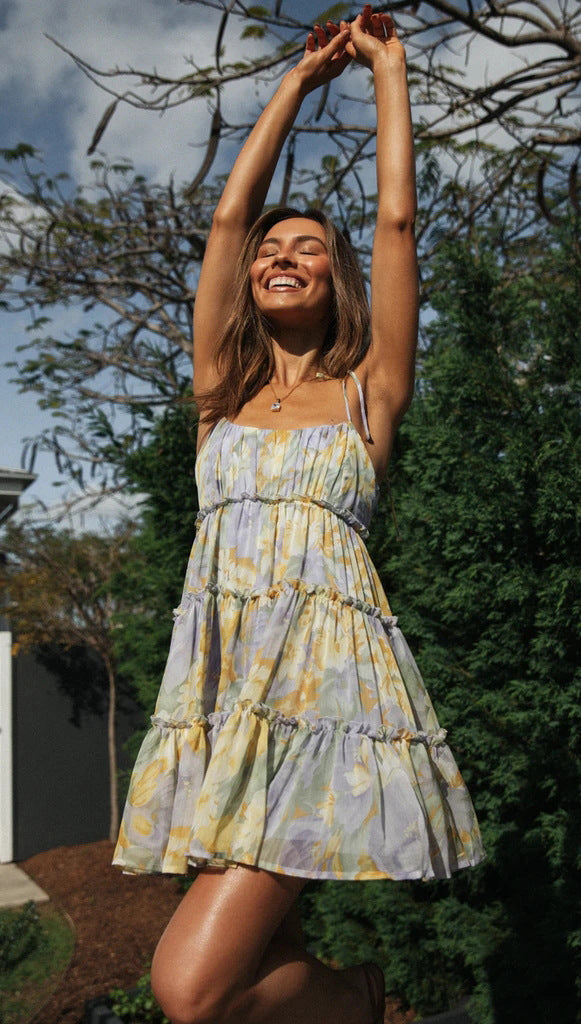Floral Print Tie-Strap Shirred Bodice Tiered Ruffle Chiffon Mini Dress