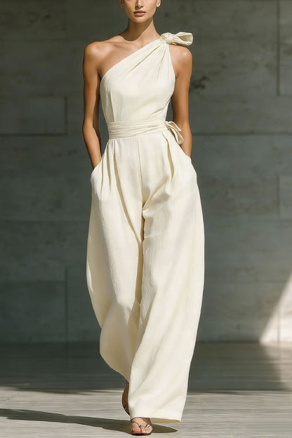 Solid Color Sleeveless One-shoulder Fitted Waist Casual Pocket Loose Wide-leg Jumpsuit
