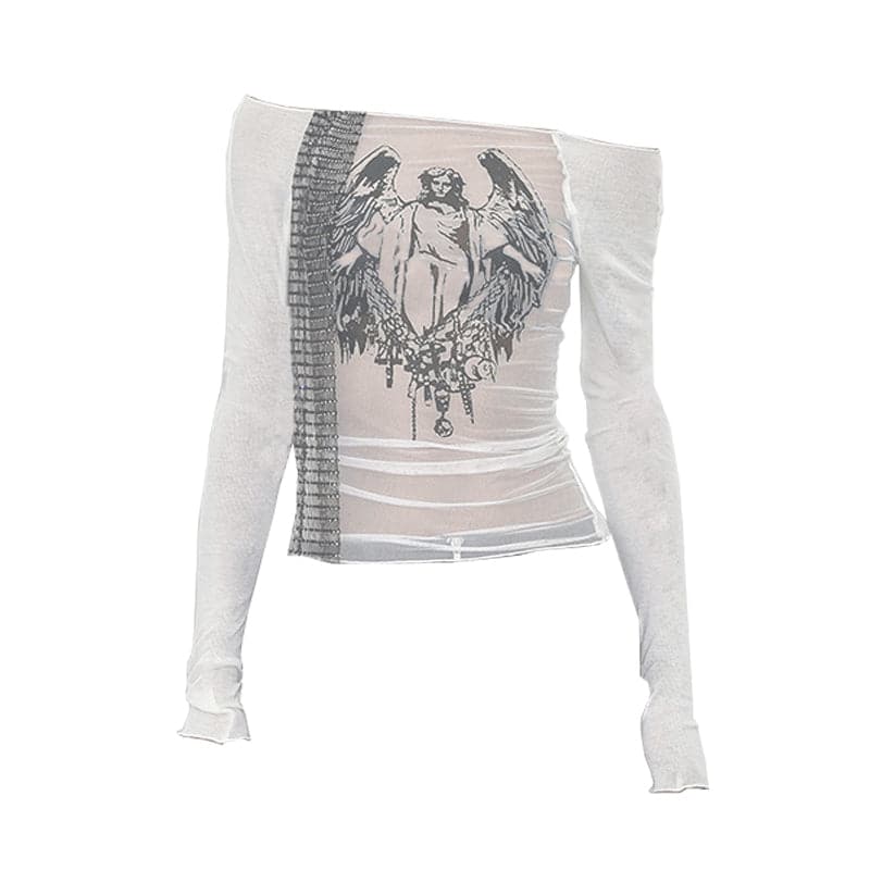 Long sleeve off shoulder ruched sheer mesh Jesus print top