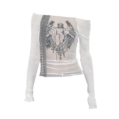 Long sleeve off shoulder ruched sheer mesh Jesus print top
