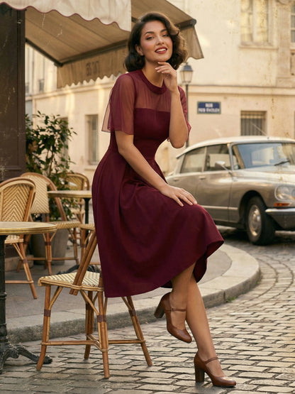 Mesh Patchwork Sheer Sleeve Round Neck Elegant Party Flare Dress For Women 2026