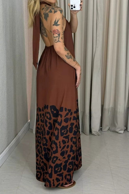 Leopard Print Halter Neck Backless Maxi Dress