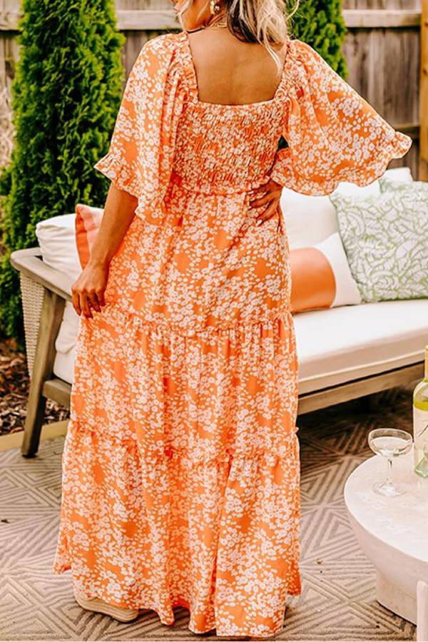 Orange Floral Print Smocked V Neck Bell Sleeve Maxi Dress