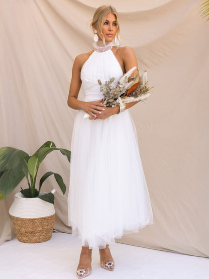Tulle Midi Dress Halter Pleated Empire Waist Open Back Elegant Prom Dresses