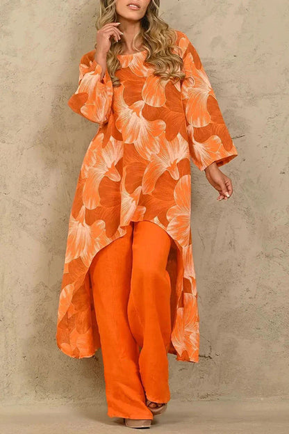 Exquisite Floral Print Crew Neck Paneled Pant Suit