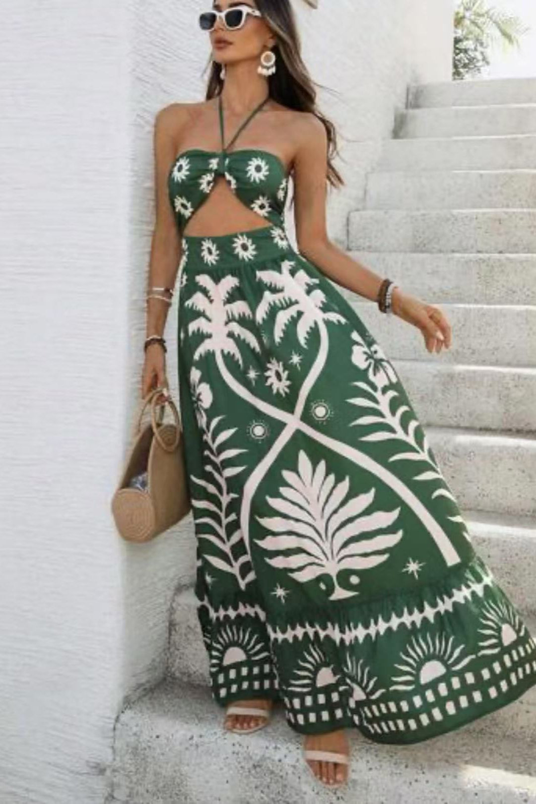 Printed Halter Neck Waist Tie Maxi Dress