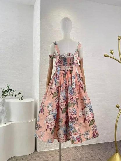 Floral Print Tied Strap Belt Dress