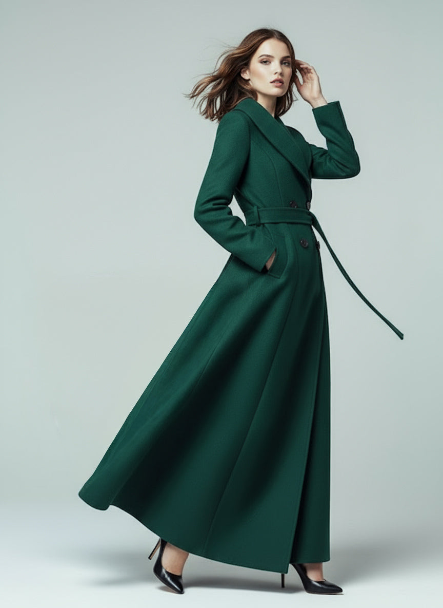Woolen Belted Maxi Coat With Shawl Collar And Double-breasted For Women 2026