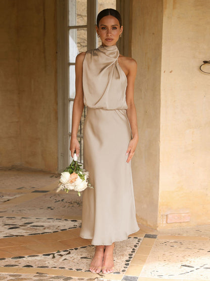 Stain Midi Party Dress Halter Sleeveless Bridesmaid Dress In Burgundy