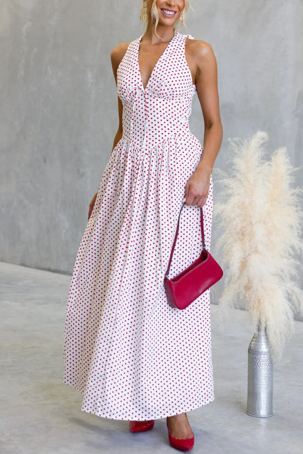 Polka Dot Print Halter Neck Fitted Waist Holiday Maxi Dress