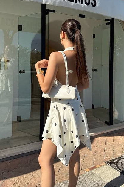 Halter Neck Polka Dot Handkerchief Hem Tiered Ruffle Backless Mini Dress