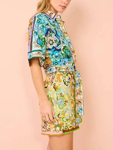 Collared Short Sleeve Belted Scarf Print Shirt Mini Dress