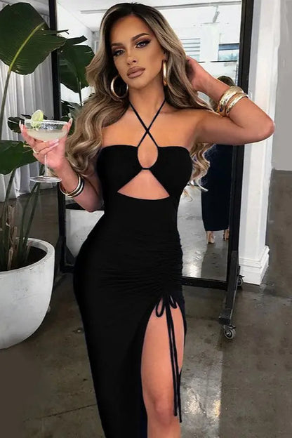 Halter Crossover Cutout Midriff Ruched Drawstring Side Slit Bodycon Midi Dress