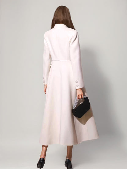 White Wool Cashmere Blend Flared Coat Lapel Double-Faced Winter Outerwear 2026