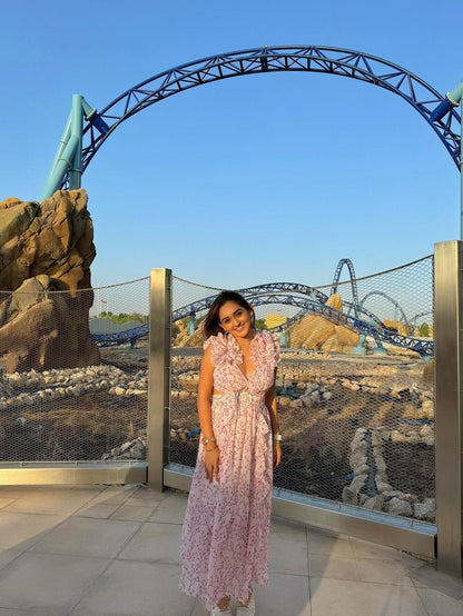 Floral Print Hollow Out Cutout Deep V Plunge Ruffled Backless Dress