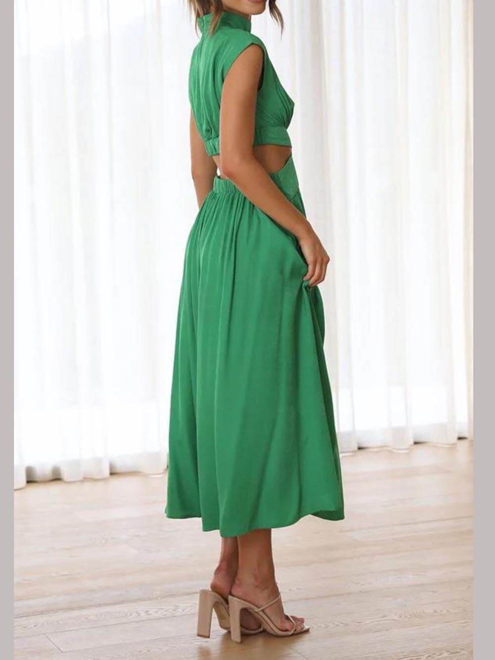 Mock Neck Sleeveless Waist Cutout Pocketed A-Line Midi Dress