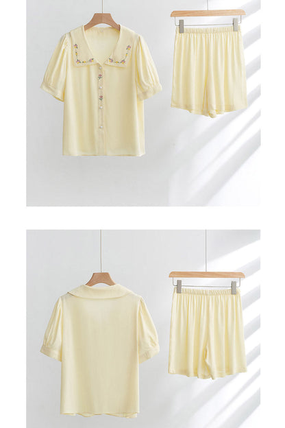 Satin Rose Embroidery Sleepwear Set