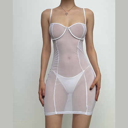 Sheer mesh see through solid low cut cami mini dress