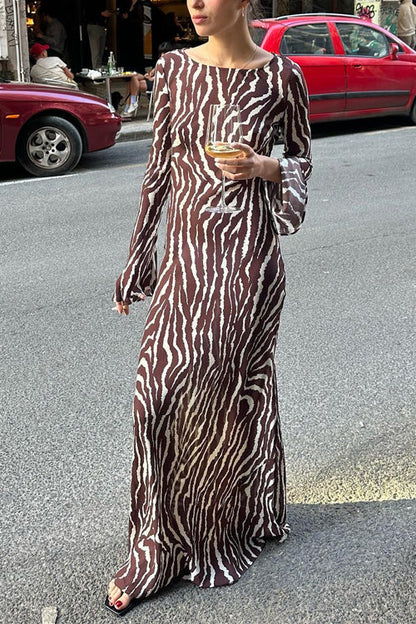 Boat Neck Bell Sleeves Animal Print Maxi Dress
