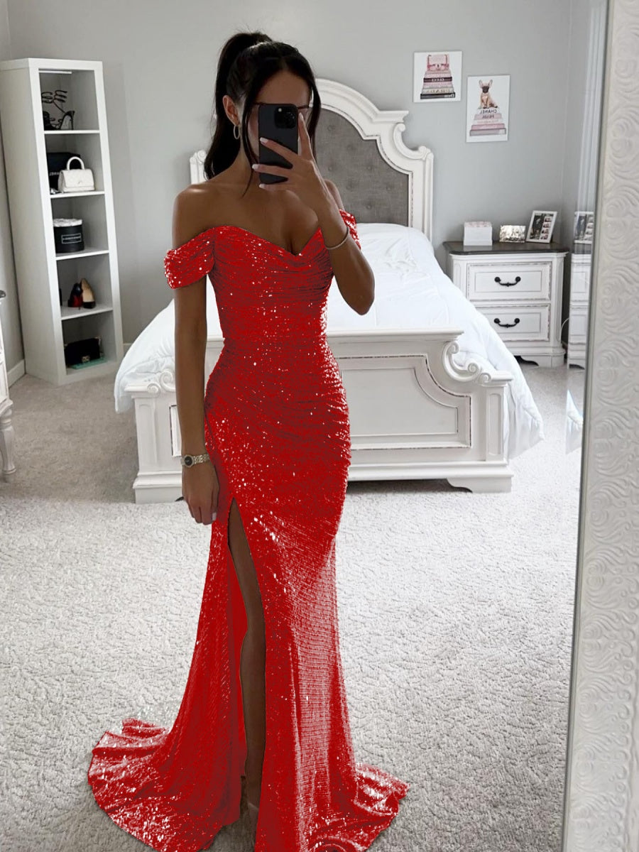 Sequins One-shoulder Collar Slit Pleated Maxi Dresses