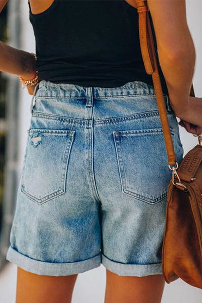 Rolled Hem Ripped Denim Shorts