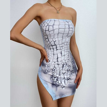Strapless Tube High Side Slit Geometric Scale Print Bodycon Mini Dress
