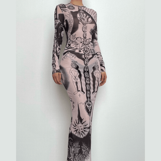 Sheer mesh abstract contrast see through long sleeve maxi dress