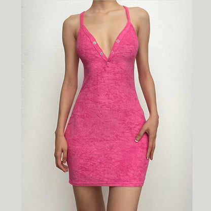 Deep V Cross Back Button Front Textured Mini Dress