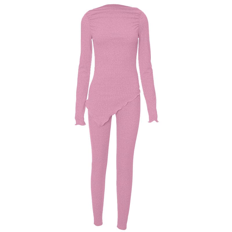 Long sleeve irregular ruched solid pant set