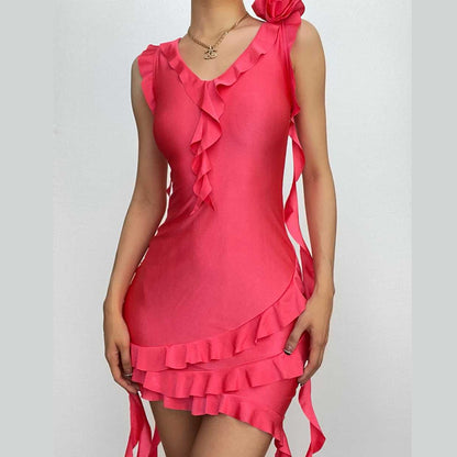 V Neck Floral Applique Ruffle Ribbon Asymmetric Hem Mini Dress