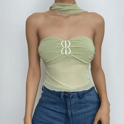 Sheer mesh backless buckle ruffle solid tube crop top