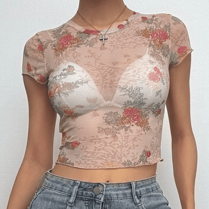 Short sleeve flower print ruffle sheer mesh top