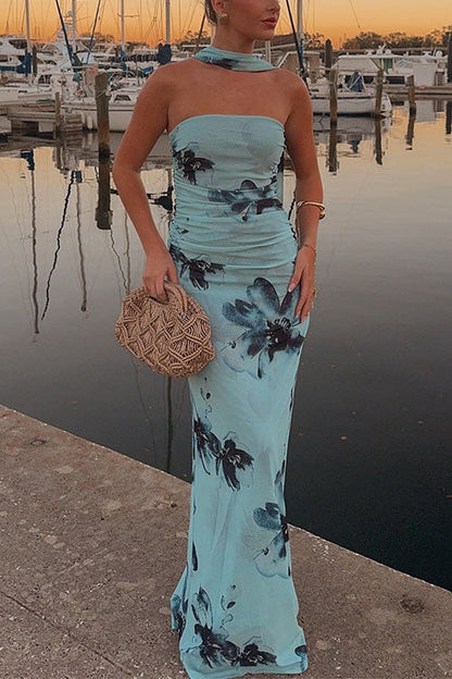 Strapless Tube Floral Print Bodycon Maxi Dress