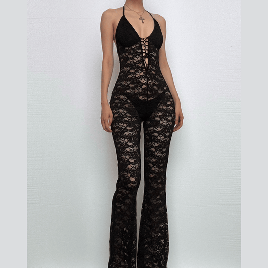 Halter lace lace up see through jumpsuit