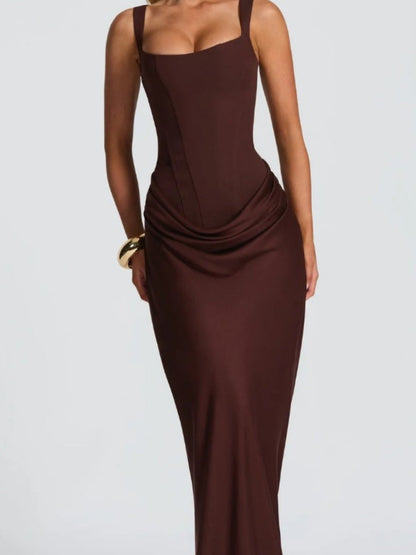 Fish Bones Waist Corset Pleated Camisoles Sleeveless Hip-hugging Maxi Dresses