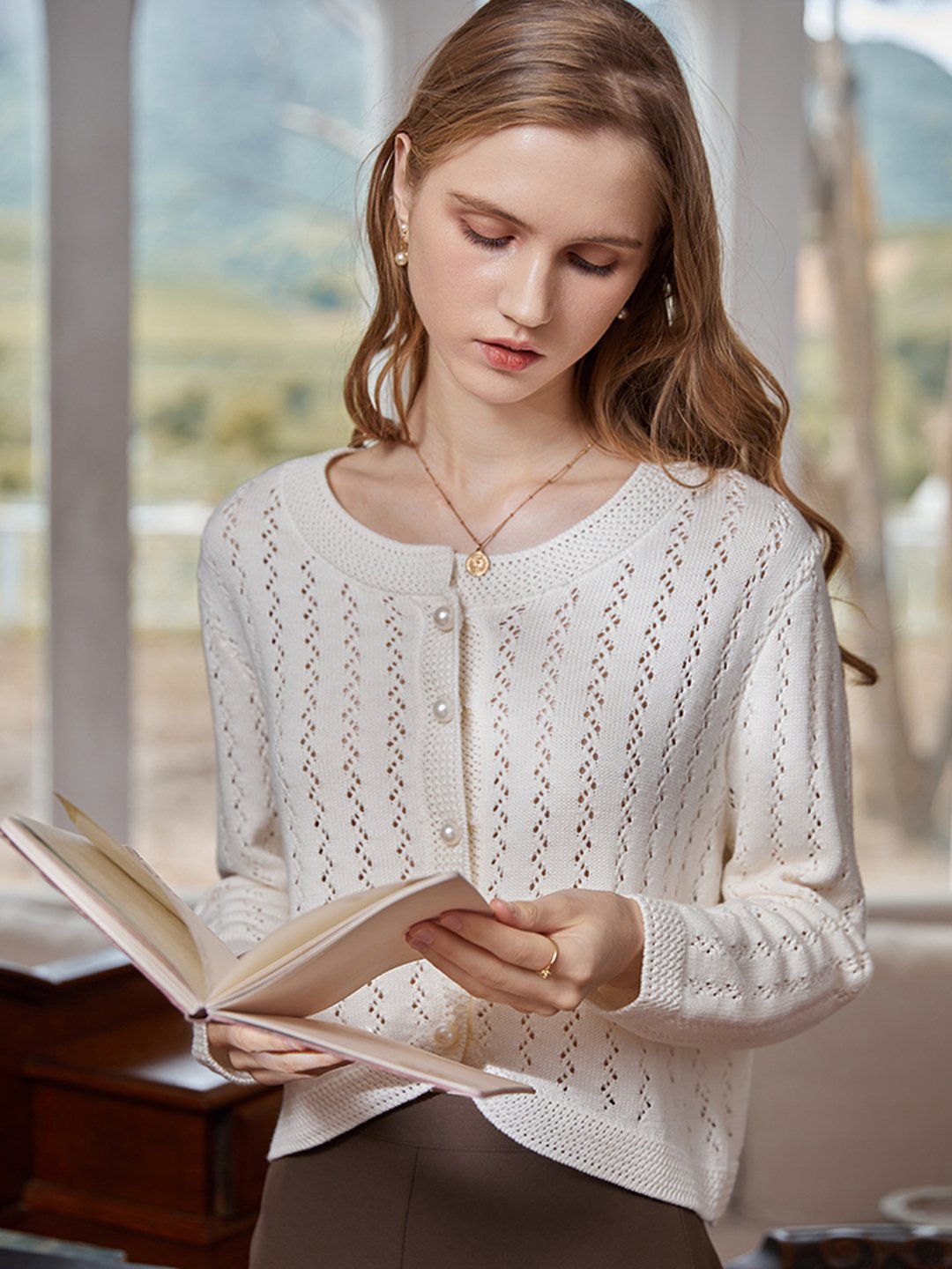 Althea Hollow Classic Knit Cardigan-White