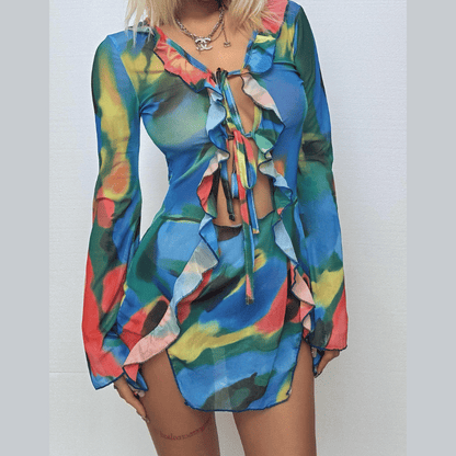 Long sleeve ruffle contrast slit mesh mini skirt set