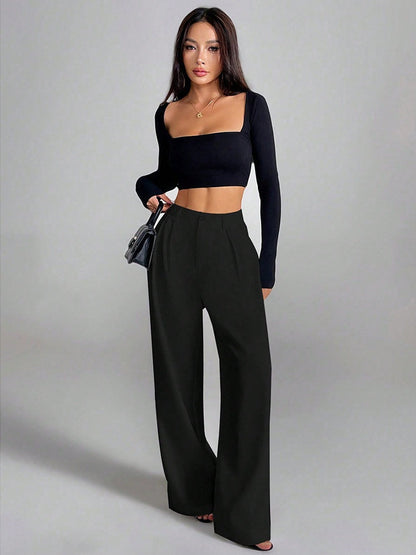 Solid Color Loose Button-down Suit Trousers