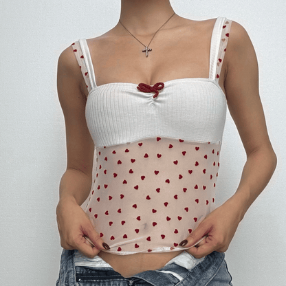 Bowknot ruched heart print mesh cami top