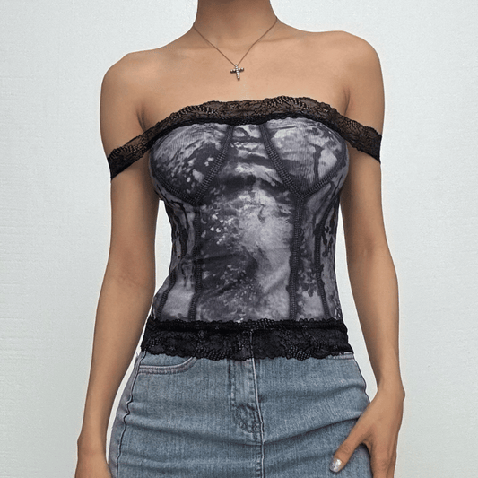 Off shoulder lace hem tie dye stitch contrast top