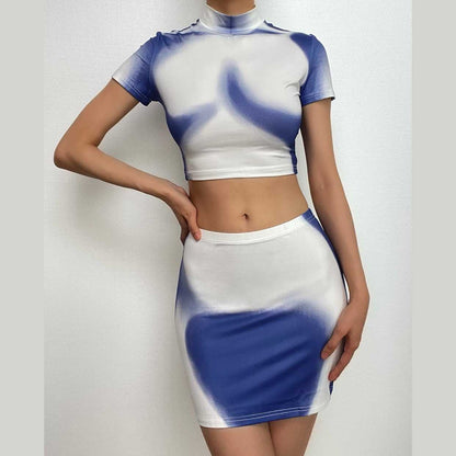 Short sleeve high neck contrast body print mini skirt set-final-sale