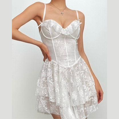 Ruffle bustier bowknot mesh lace up backless cami mini dress