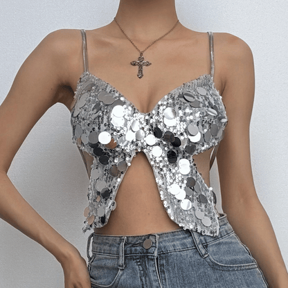 Butterfly pattern glitter lace up cami top