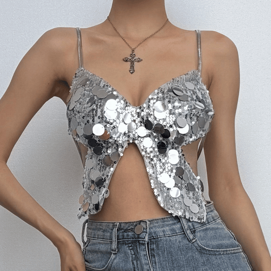 Butterfly pattern glitter lace up cami top