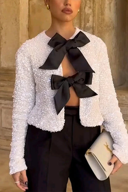 Long Sleeves Bow Knot Glitter Sequin Top