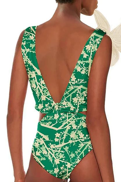 Floral Appliqué Green Printed One-Piece Swimsuit