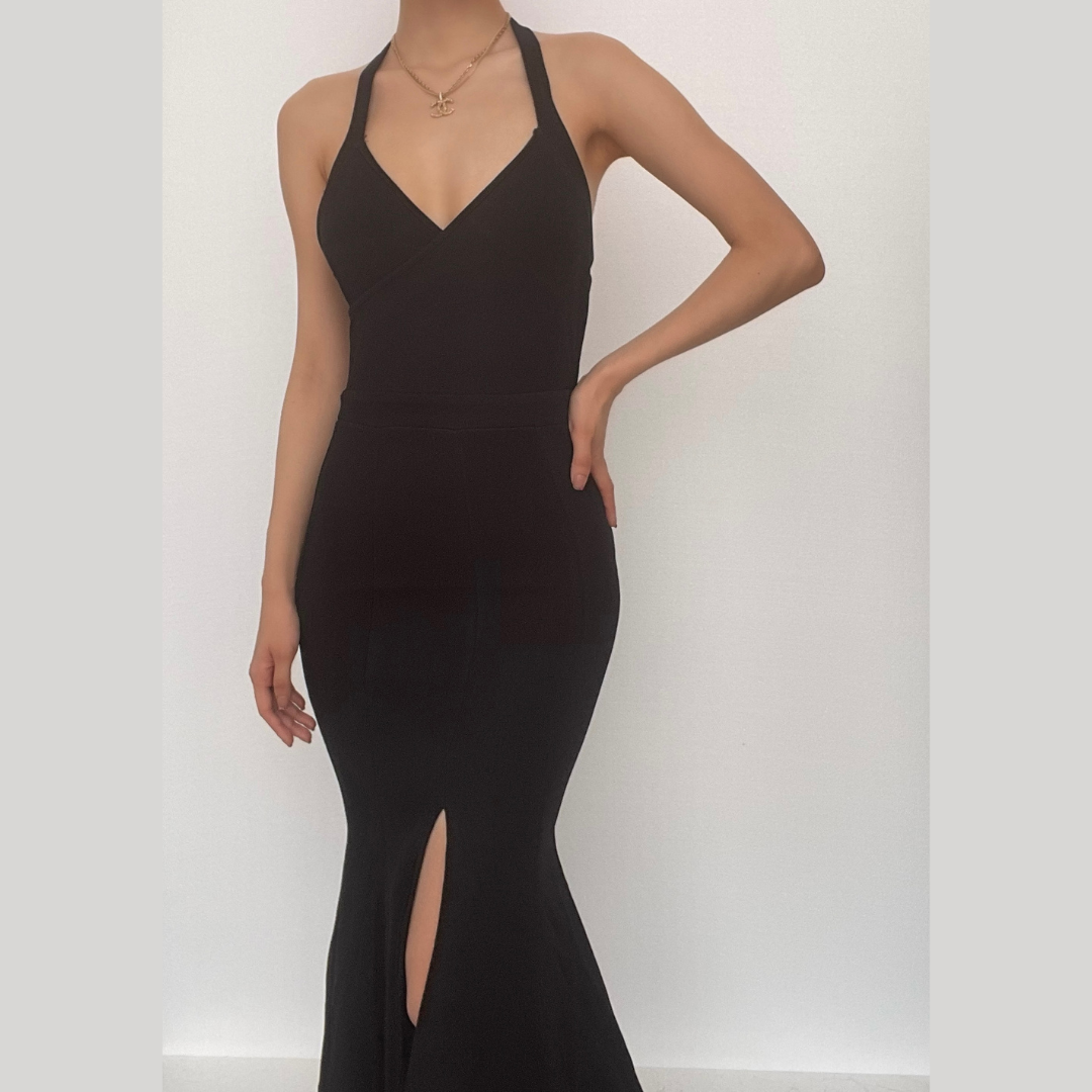 Halter Surplice V-Neck Front Slit Mermaid Bandage Knit Maxi Gown
