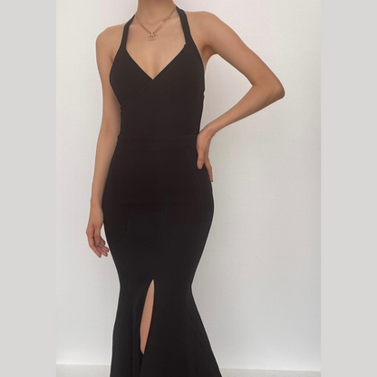 Halter Surplice V-Neck Front Slit Mermaid Bandage Knit Maxi Gown